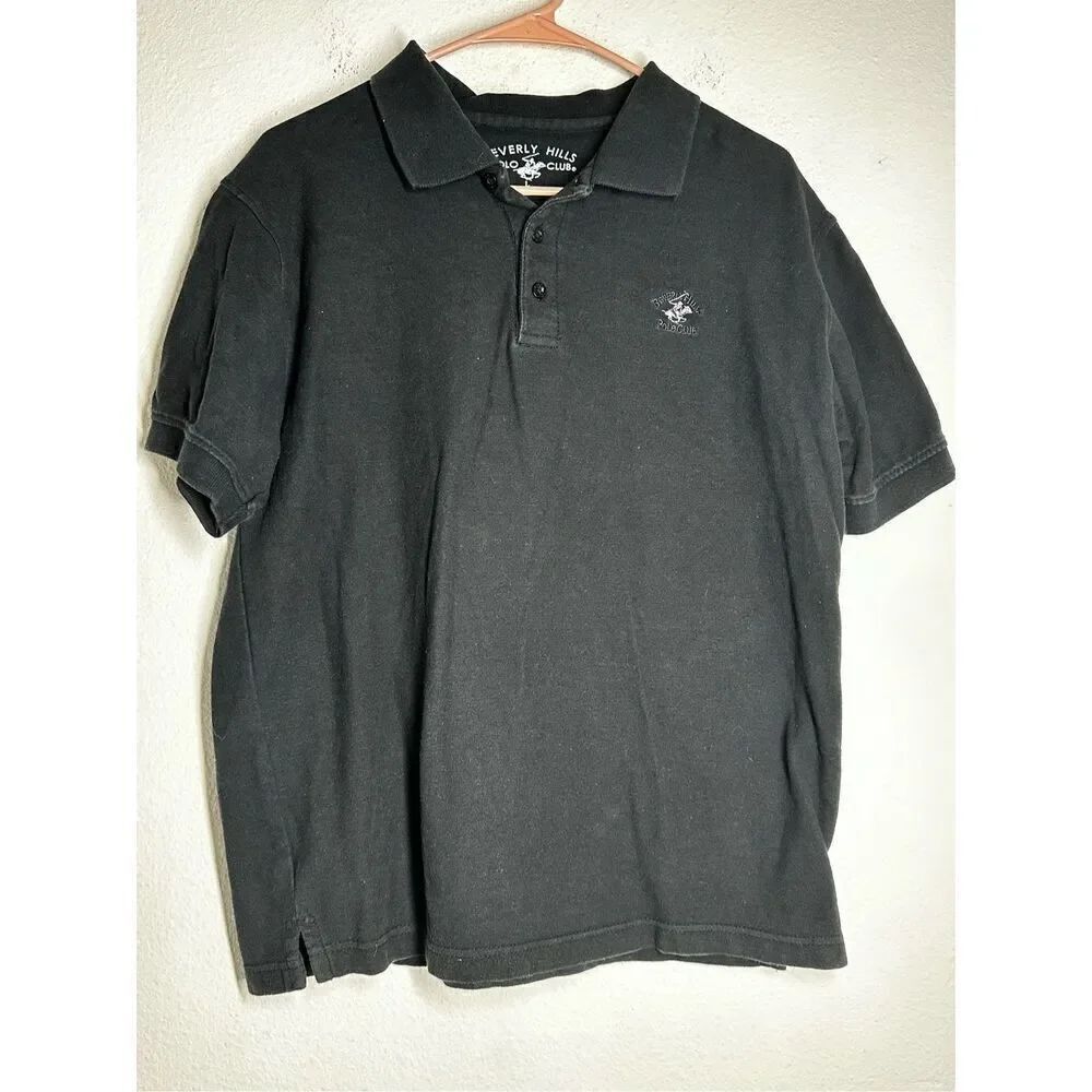 Beverly Hills Polo Club Men’s Black Short Sleeve 1/4 Button Logo Polo Shirt Sz L